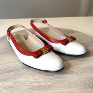 Salvatore Ferragamo Vara Bow Slingback Flats White Red Leather Gold Size 6.5